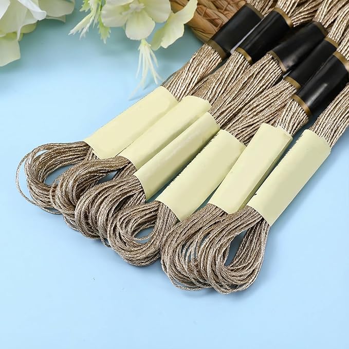6 Skeins Metallic Embroidery Floss, Light Gold Embroidery Thread Cross-Stitch Threads for DIY Crafts