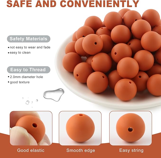65Pcs 19mm Silicone Beads for Keychain Making Bracelet Necklace, Bulk Round Silicone Beads for Pens(Rust Brown)