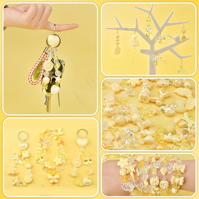 ABONDEVER 245-300Pcs Assorted Acrylic Beads for Bracelets Making Cute Star Bow Flower Candy Heart Gummy Bear Butterfly Beads for DIY Jewelry Crafts Keychain Necklace Phone Charms(Yellow)
