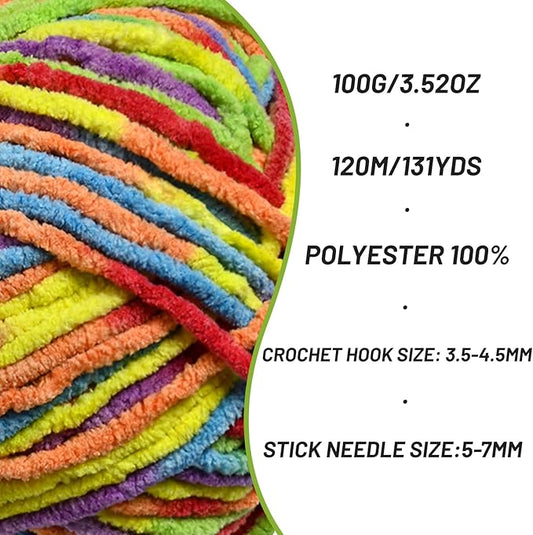 Plush Chenille Chunky Crochet Yarn - Baby Yarn for Crocheting Soft - Velvet Yarns Knitting for Blankets Crafts - Fluffy Amigurumi Yarns 100g / 131yd (Rainbow)