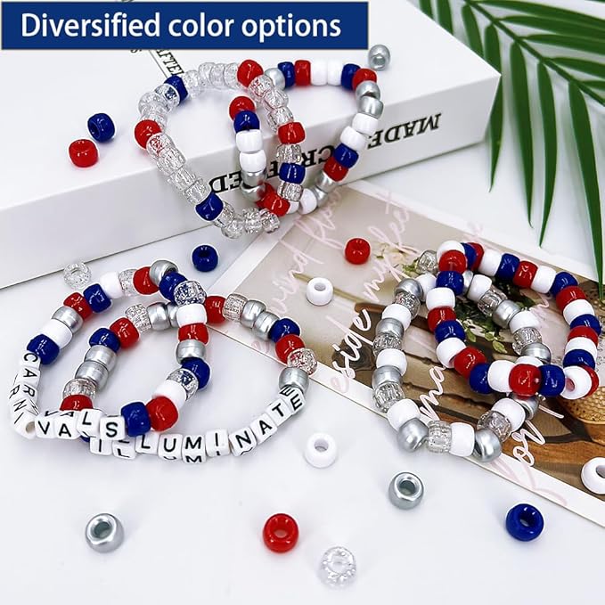 MIIIM 1300 Pcs Pony Beads Kit for Friendship Bracelet, 6 Styles Kandi Bracelet Kit in Box with Individual Compartments, Hair Beads for Braids, Letters (The 4th of July Scheme)