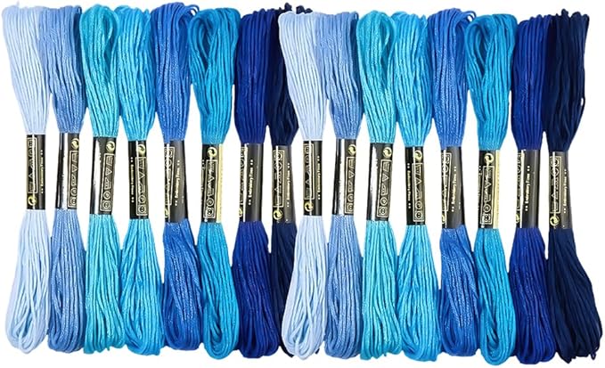 16 Skeins 131 Yards Embroidery Thread Friendship Bracelets String Cross Stitch Threads Cotton Floss Yarn 6 Ply 1.2mm for DIY Making Sewing Needlework Knitting Stitching Craft Supply Blue