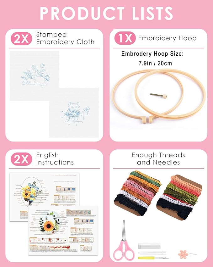 TINDTOP 2 Pack Embroidery Kit for Adult Beginners, Embroidery DIY Starter Kit, with Black Cat and Flowers Stamped Patterns, Hoop, Tools, Colorful Threads with Needles, Instructions