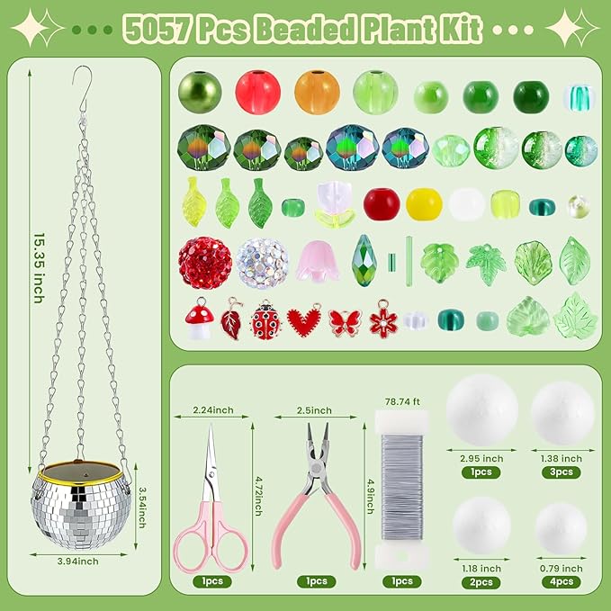 5057 Pcs Beaded Plant Kit Forever Plant Kit for Mirror Disco Ball Planter Making,Green Beads for Beaded Plants with Hanging Chain,Green Glass Leaf Beads Forever Plant Beads for Plant Making DIY Craft