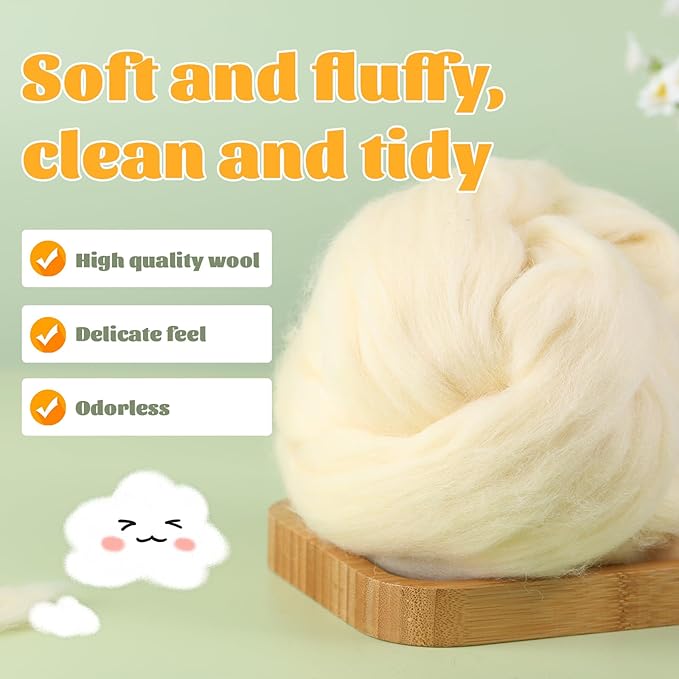 3.53oz Wool Roving, Wool Felting Supplies, Pure Wools, Chunky Yarn, Spinning Wool Roving for Needle Felting Wet Felting DIY Hand Spinning (Apricot White)
