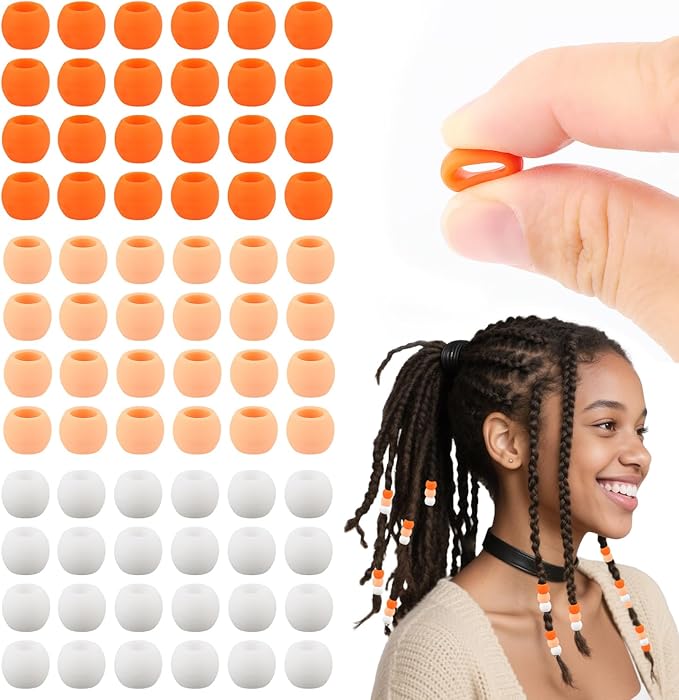 AD Beads 216PCS 6x9mm Soft Silicone Beads for Hair, Orange Series with 80 Elastic Bands, Tool and Storage Box Kit for Braids, Bracelet, Crafts.