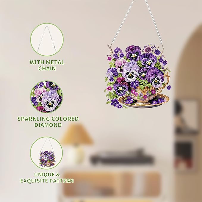 AIBOERL Diamond Art Hanging Kit for Adult,Special Shaped Rhinestone,Double Sided 5D DIY Acrylic Diamond Art Painting Wall Hanging Kits Hanging Ornament 7.87×7.87(Pansy)