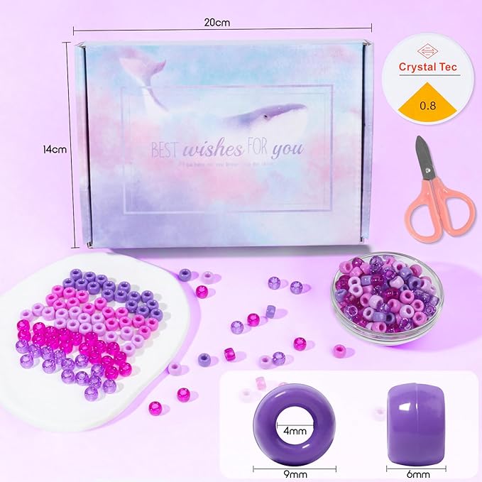 1200Pcs Friendship Bracelet Bead, 6x9mm Pony Beads for Jewelry Making, 5 Style Purple Colors Kandi Beads Bulk, Hair Bead for Braids with Stretch Cord and Scissors