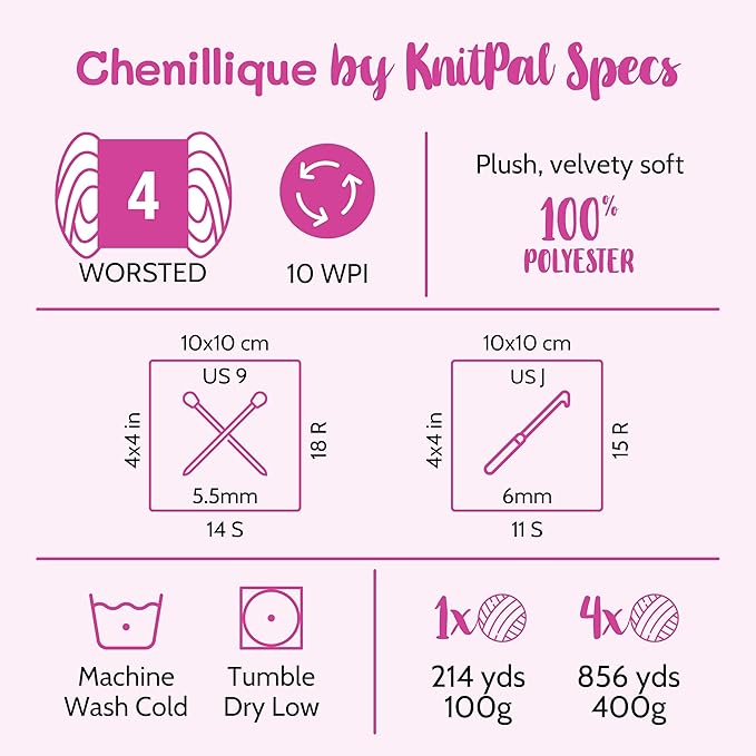 Chenillique Velvet Chenille Yarn for Crocheting, 4 Skeins, 856Yds/400G, Free Patterns, Beginners Friendly - Soft Baby Yarn for Knitting Baby Blanket - #4 Medium Worsted Weight - Cloud Sprinkles