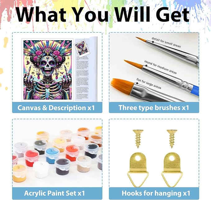 hkejoi Skeleton Paint by Numbers Kit for Adults Beginners, Skull Paint by Number for Adults, Painting by Number DIY Crafts Acrylic for Gift Home Decor 16x20 in