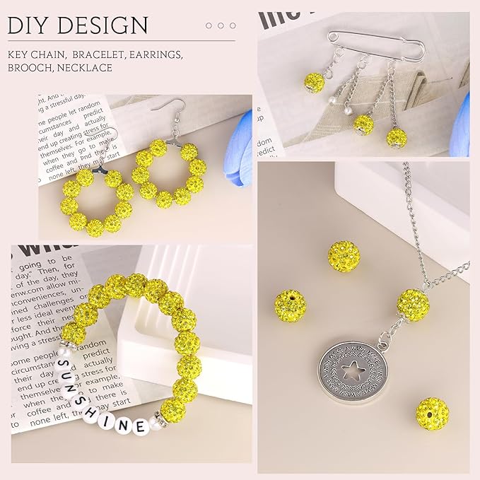 150 pcs 10mm Rhinestone Beads for Jewelry Making, Yellow Shiny Round Shamballa Disco Beads Bulk, Sparkle Crystal Clay Christmas for Bracelet Baseball Necklace Earring Crafting and DIY