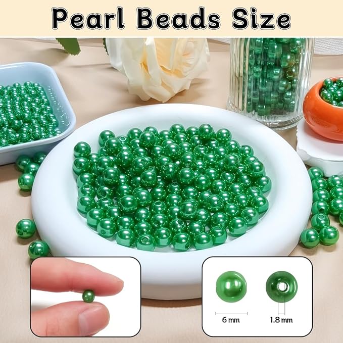 Pearl Beads for Jewelry Making Holes ABS Craft Beads with Holes for Jewelry Making, Bracelet, Necklace Crafting Bulk Bead Kit (6mm, Green/1500 pcs)