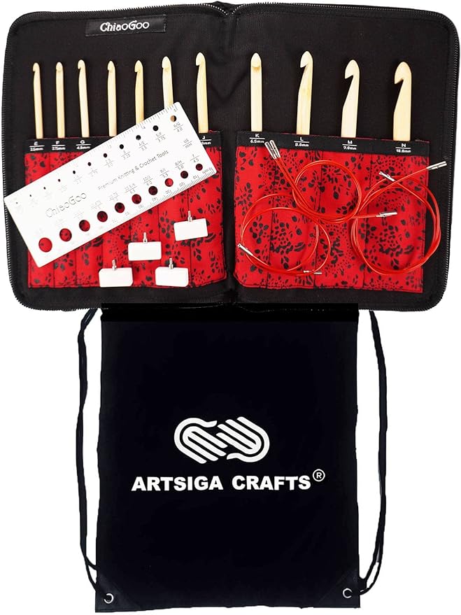 ChiaoGoo T-Spin Tunisian Interchangeable Crochet Hook Set Bamboo 1500-C 5.7-inch (14.5 cm) US Sizes E, F, G, 7, H, I, J, K, L, M & N with Project Bag