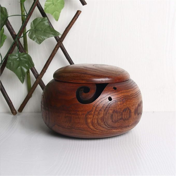 1 Pcs Wooden Yarn Bowl with Lid, Crafted Wooden Weaving Thread Bow with Carved Holes, Premium Knitting Storage Accessories & Supplies, Handcrafted Round Yarn Ball Bowl Brown Box, 16 CM #02