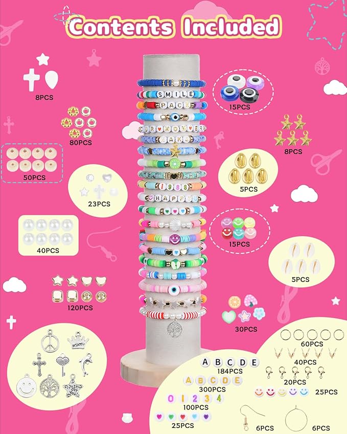 BestNow Clay Beads Bracelet Making Kit 168 Colors Flat Polymer Heishi Beads Set for Friendship Jewelry Making with Pendant Charms Crafts Gifts for Girls Ages 6 7 8 9 10 11 12 Kids Adults