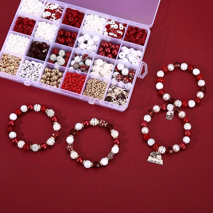 HSWE Game Day Beads for Bracelets Making Kit Heishi Clay Pearl Letter Assorted Round Bead Gold Spacer Beads Football Charms for DIY Bracelets Necklace Jewelry Making (Burgundy White Beads25)