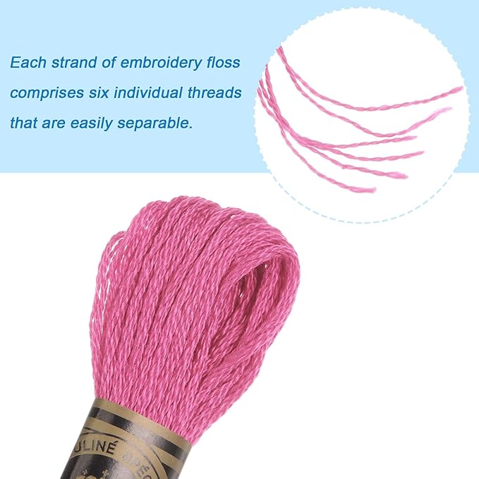 HARFINGTON 12 Skeins Embroidery Floss 8m Each Egyptian Long Fiber Cotton Cross Stitch Thread 26S/2x6 for Embroidery Projects Bracelet, Light Fuchsia