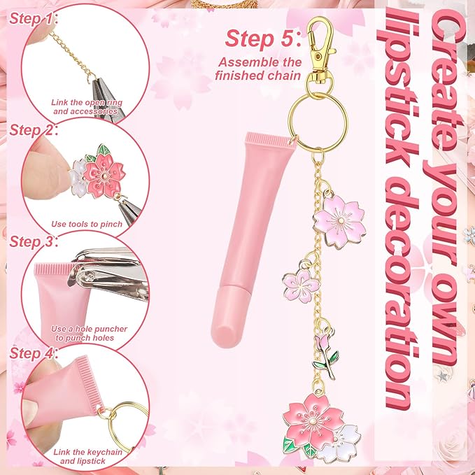 VioraWhite 213 Pcs Lip Gloss Keychain Making Kit 100 Pink Enamel Charms 32.81 ft Gold Chains for DIY Crafts Women(Floral)