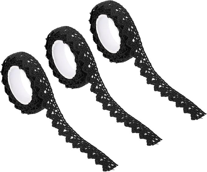 PATIKIL 0.6" Wide 2 Yards Self-Adhesive Lace Tape Lace Ribbon, 3 Pack Cotton Washi Trim Stickers Masking Decorative for Craft Scrapbook DIY Card Making, Black