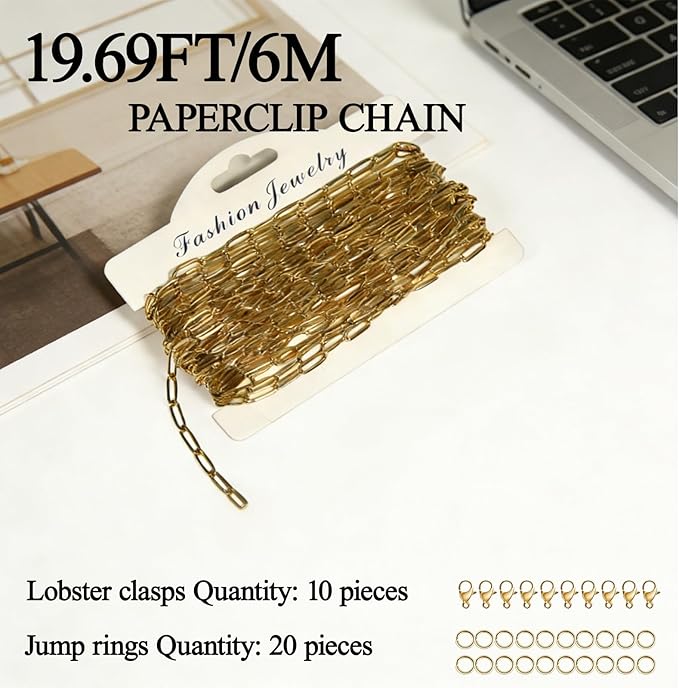 19.7FT 18K Gold 3mm Width PVD Plated Necklace Chain for Jewelry Making Paperclip Chain Roll with Lobster Clasps and Jump Rings for Men Women Making Jewelry Craft