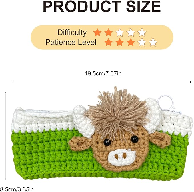 Highland Cow Crochet Kit for Beginners, Learn to Crochet Pencil Bag Starter Set with Video Tutorial & Crocheting Manual, Easy Yarn Knitting Kit for Adult, DIY Amigurumi Birthday Xmas Gift Idea