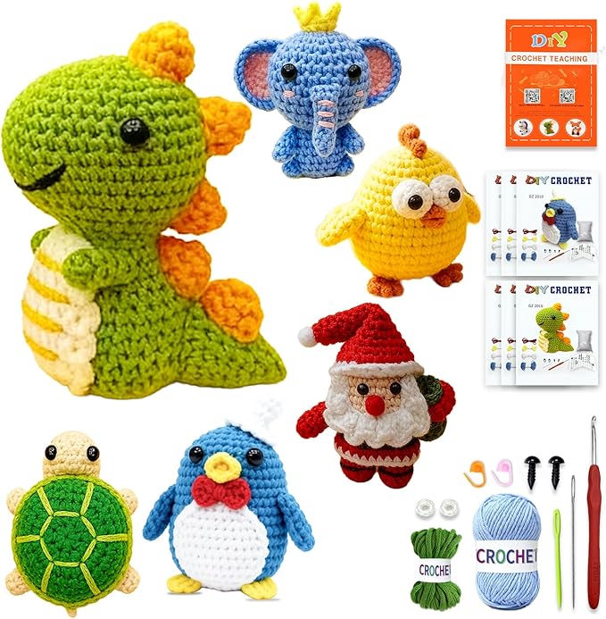 livikey 6pcs crochet kit for beginners - complete crochet set for adults & kids - woobles-style animal crochet kit with soft yarn and step-by-step video tutorials
