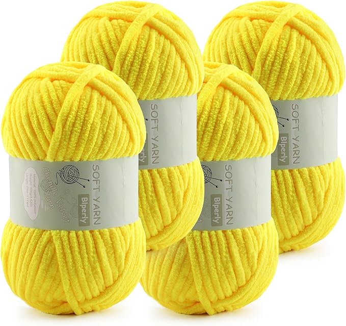 Chunky Chenille Yarn Velvet Soft Super Bulky Size 6 for Crocheting Knitting, Baby Blanket Yarn, 100g 71 Yds per Skein, Easy to Use for Scarves, Amigurumi, Crafts (4, Lemon Yellow)