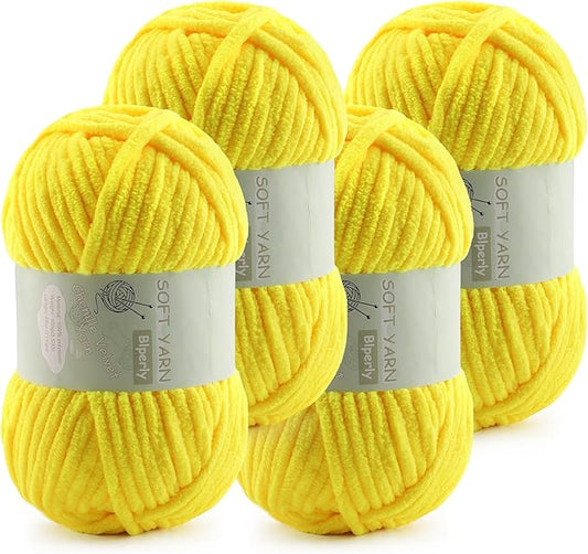 Chunky Chenille Yarn Velvet Soft Super Bulky Size 6 for Crocheting Knitting, Baby Blanket Yarn, 100g 71 Yds per Skein, Easy to Use for Scarves, Amigurumi, Crafts (4, Lemon Yellow)