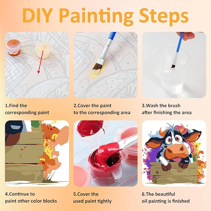 Paint by Numbers Kit for Kids with Frame, Cow Paint by Numbers for Kids Ages 4-8-12, DIY Cow Acrylic Oil Painting for Home Wall Art Decor Gift 7.8x7.8 inch (with Frame Easel)