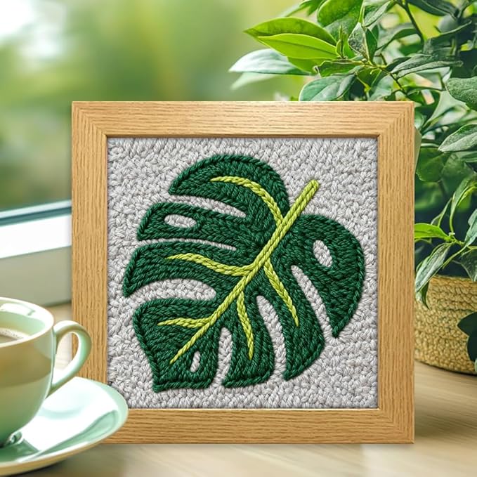 INFUNLY Green Leaf Punch Needle Kits for Beginners Monstera Delicious DIY Punch Needle Embroidery Kit with Instruction Plant Leaf Stamped Handcraft Rug Yarn Hooking Kit for Craft Lovers Home Decor