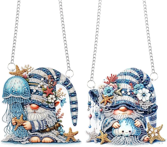 2 Pack Ocean-Themed DIY Diamond Painting Ornaments – Gnome & Jellyfish Design with Irregular Shaped Gems, 5D Acrylic Hanging Kit for Window & Wall Decor, Mosaic Craft Gift Set