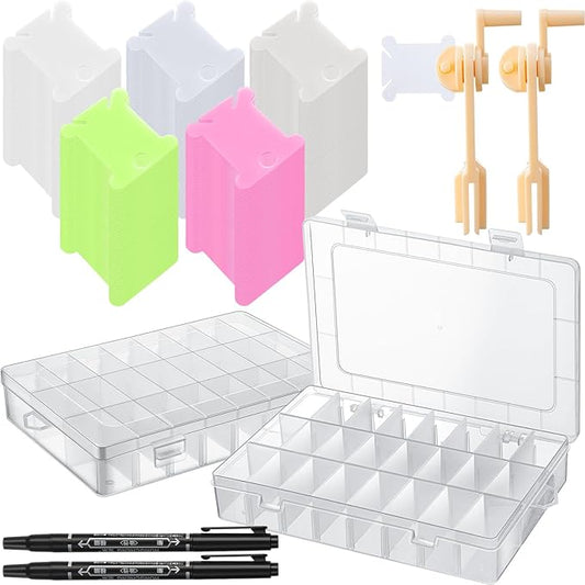 250 Pcs Set Embroidery Floss Bobbins Kit with Organizer Boxes, Bobbin Winder, Markers - Cross Stitch Thread Storage Set with Hard Plastic Bobbins in 5 Colors for Craft DIY Sewing Supplies
