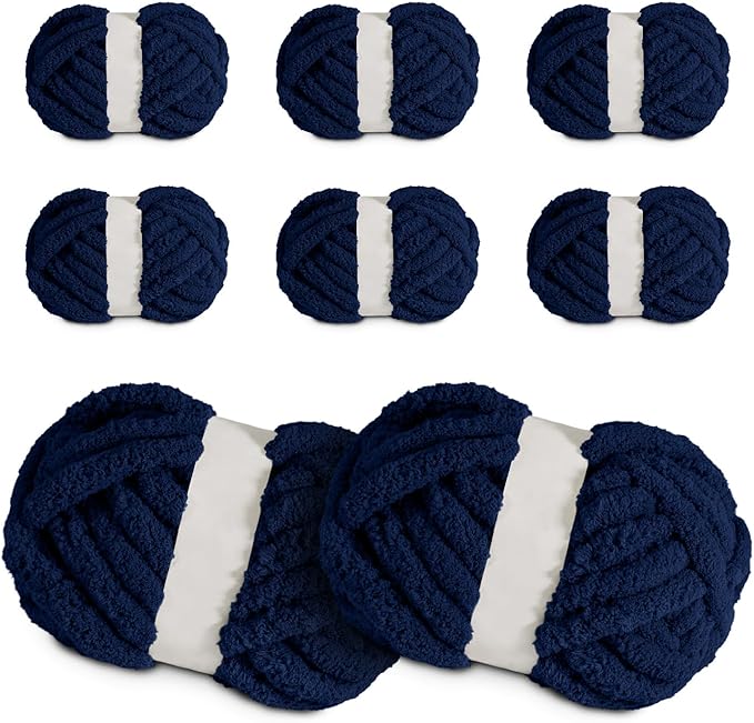 Super Soft Chunky Chenille Yarn – 8 Skeins × 8 oz (25 Yards Each) Jumbo Bulky Yarn for Crochet & Hand Knitting Blankets, Sweaters, Cushions, DIY Projects (Navy Blue)