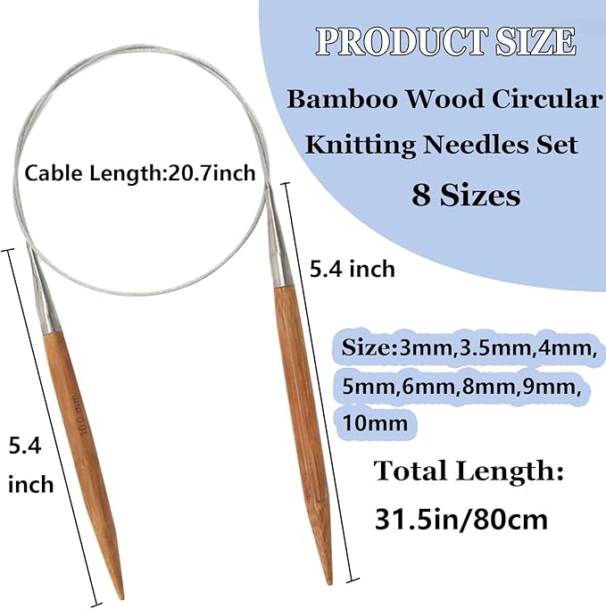 Hobekoee Bamboo Knitting Needles Set,36Pcs 9.8" Straight Single Pointed Bamboo Knitting Needles Set and 8Pcs 32" Circular Knitting Needles Kit with Storage Bag for Beginners Knitting Lovers
