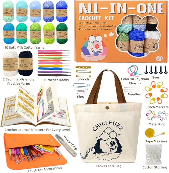 ChillFuzz Crochet Kit for Beginners 85 Piece Complete Crochet Set with Yarn, Hooks, Pattern Book – Beginner Crochet Kit for Adults & Kids with Tutorials, Great Gift for Craft Lovers Blue Green