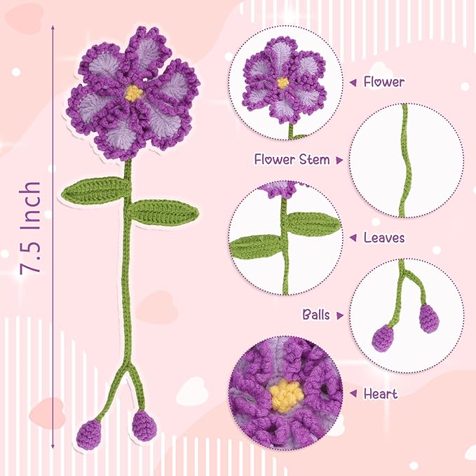 WSICSE 8 Pcs Crochet Flower Bookmarks, Handmade Floral Bookmark Knitting Kit with English Instructions Hook Yarn for Easter Decorations Gifts Book Lovers