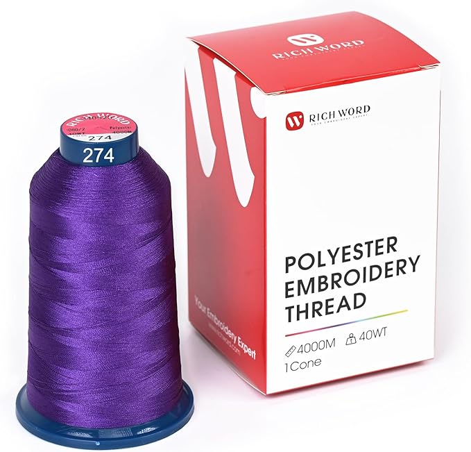 Poolin Embroidery Machine Thread Richword Selected Purple 4000M 40WT Polyester Embroidery Thread – Smooth, Strong Single Spool for Home & Commercial Machines 0274