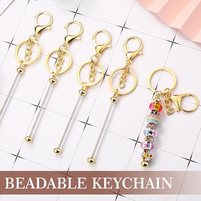 Tondiamo 24 Pcs Beadable Keychain Bars Bulk Beads for Keychain Making Kit Gifts for Women Men DIY Crafts(Gold)