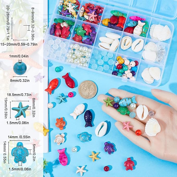 SUNNYCLUE 1 Box 200+Pcs Turtle Beads Starfish Beads Bulk Bohemian Style Natural Shell Charms Colorful Fish Charm Summer Ocean Sea Animal 8mm Round Glass Spacers for Jewelry Making Beading Kits