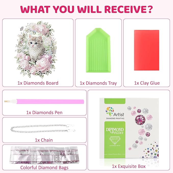 MEIYUDA Cat Diamond Art Hanging Kits for Adult, Flower Wreath Cat Diamond Painting Hanging Kits Ornaments, DIY Special Shaped Rhinestone Window Pendants Kit for Home Garden Wall Decor Gift