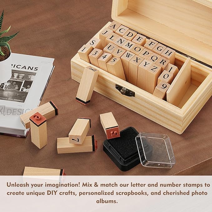 Letter Stamps 36 Pcs with Wooden Storage Box, Premium Alphabet Stamps Set for Crafting, Essential Rubber Letter Stamp Kit for Clay, DIY Cards & Scrapbooking