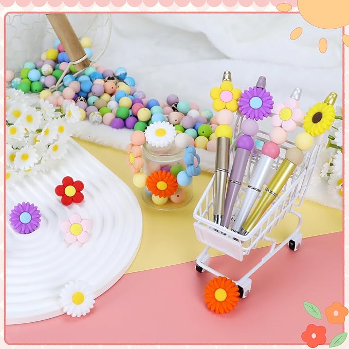 12pcs Flowers Silicone Focal Beads, Focal Beads for Keychain Making, Pens, Bracelet, Necklace Crafts, Bulk for DIY（Flowers）