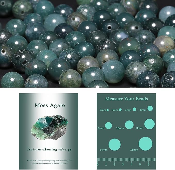 Song Xi 45pcs 8mm Natural Moss Agate Stone Beads for Jewelry Making, Gemstones Beads Bracelet for Necklace Earring Keychain, with Jewelry Box and Elastic for Christmas Wedding Birthday Gift