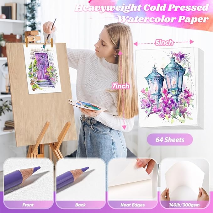 64 Sheets Watercolor Paper, 5"x7" Water Color Paper, 140lb/300gsm Artist Sketch Easel Acrylic Painting Loose Drawing Paper Bulk, Art Supplies for Kids Child Adults, Watercolors, Watercolor Paint Set