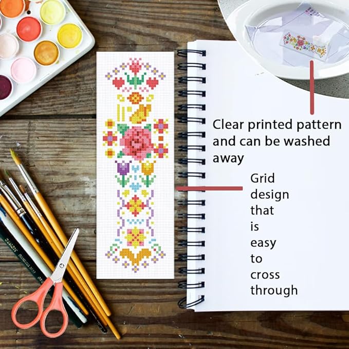 ORIGACH 6 Pcs Cross Stitch Bookmark Kit for Beginner Adults, Spring Flowers Stamped Embroidery Bookmark Kit with Instruction for Starters for Book Lovers