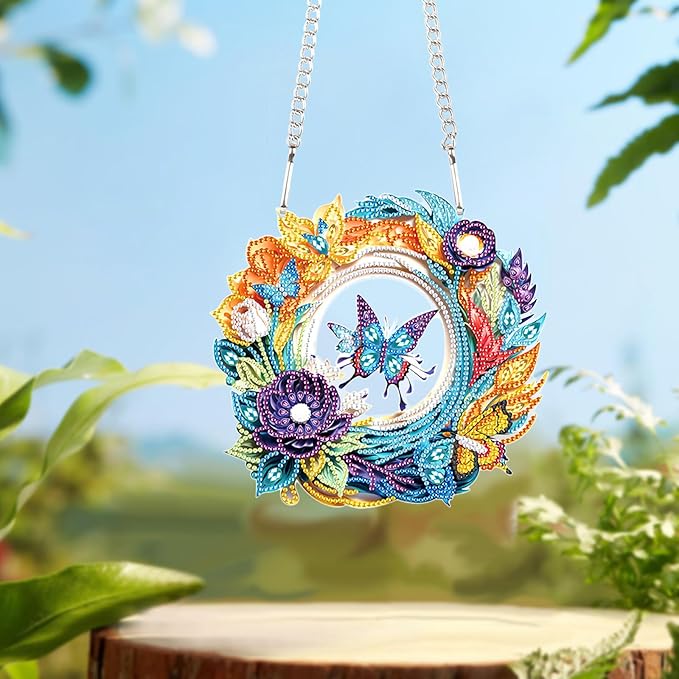 Flower Birdcage Design DIY Diamond Art Painting Wreath Kits Special Shaped Rhinestone Diamond Art Window Pendants Home Garden Wall Hanging Kits (Single Side Point Drill) (#11-Cat) (#14-Butterfly)