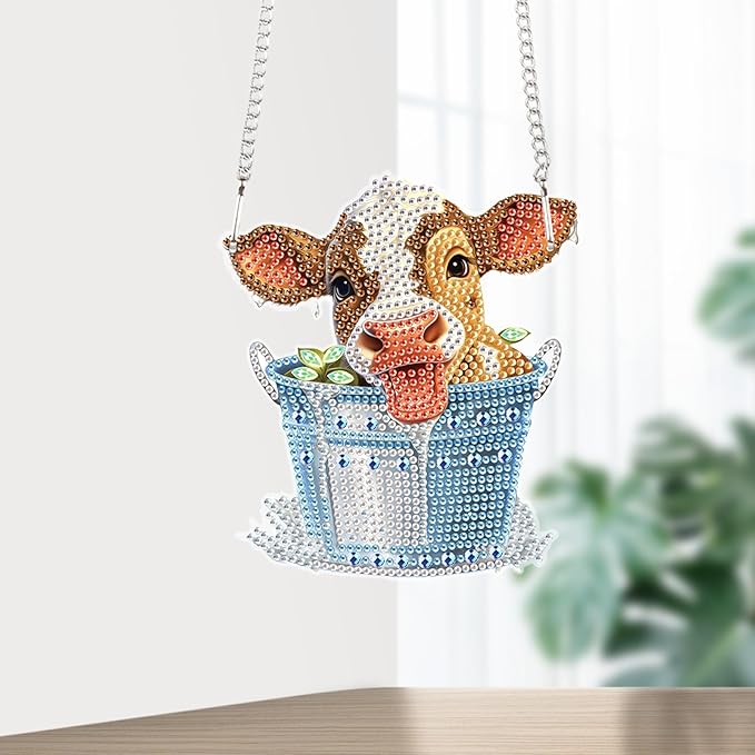 AiYuanzsh Cow in Barrel Diamond Art Hanging Pendant Kit, 5D DIY Acrylic Special Shaped Rhinestone Diamond Painting Ornament for Wall, Door, or Garden Decoration, Handmade Craft Gift for Adults