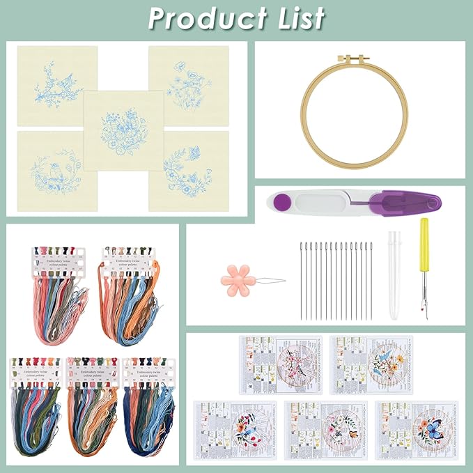 ERKOON 5 Sets Embroidery Kit for Beginners, Hummingbird Cross Stitch Set for Include Embroidery Cloth Hoops Threads for Craft Lover Hand Stitch (Hummingbird and Butterfly)