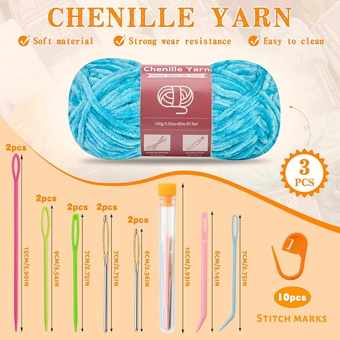 LUNARM Chenille Yarn for Crocheting Knitting, 3 Skein 263 Yard Thick Soft Chunky Fluffy Weaving Plush Yarn for Blankets Clothes Pattern Creations with Big Eye Needles (Blue)