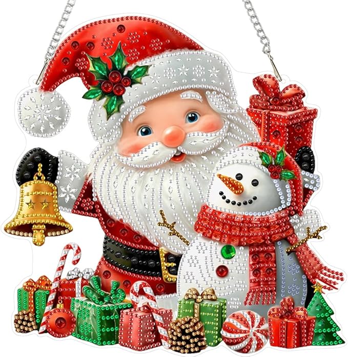 CEOVR Christmas Hanging Diamond Painting, Santa Claus Snowman Special Shape Diamond Art for Adults, Christmas Winter DIY Gem Art, Acrylic Home Garden Decor with Chain, Box Kit 9.37x9.3In